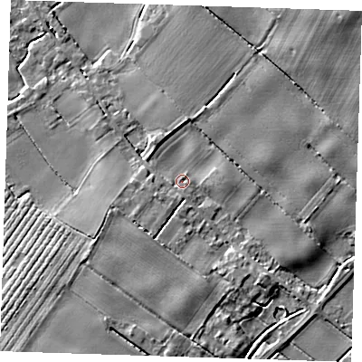 Shaded relief map of the ground around PE228RT, computed from Environment Agency LiDAR. The ground here sits at about 3 m above sea level and falls 5 m across the surrounding 800 m. Surface water reaching this point runs off ground lying to the south-south-east, 2.5 m higher.