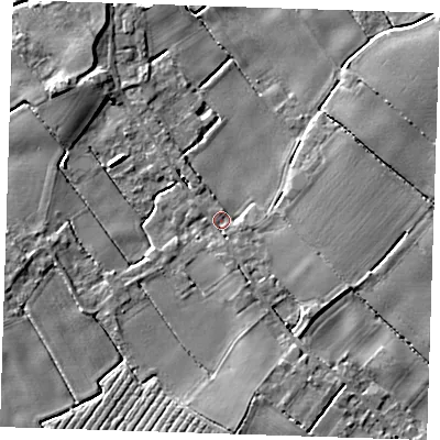 Shaded relief map of the ground around PE228RU, computed from Environment Agency LiDAR. The ground here sits at about 3 m above sea level and falls 4 m across the surrounding 800 m. Surface water reaching this point runs off ground lying to the south-south-east, 3.5 m higher.