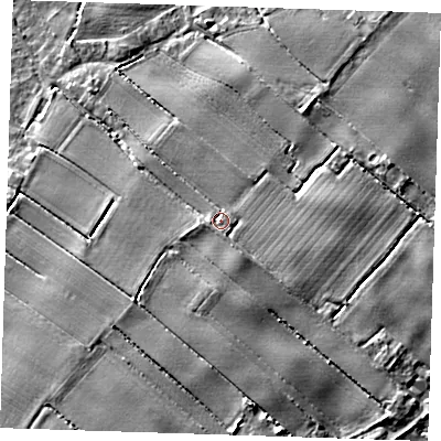 Shaded relief map of the ground around PE228RW, computed from Environment Agency LiDAR. The ground here sits at about 5 m above sea level and falls 4 m across the surrounding 800 m. Surface water reaching this point runs off ground lying to the south-south-east, 1.2 m higher.