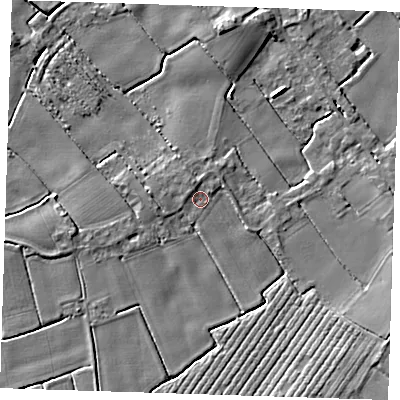 Shaded relief map of the ground around PE228RX, computed from Environment Agency LiDAR. The ground here sits at about 2 m above sea level and falls 5 m across the surrounding 800 m. Surface water reaching this point runs off ground lying to the north-north-west, 1.2 m higher.