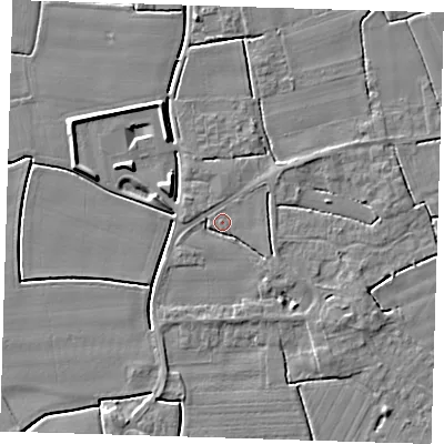 Shaded relief map of the ground around PE229AD, computed from Environment Agency LiDAR. The ground here sits at about 3 m above sea level and falls 5 m across the surrounding 800 m. Surface water reaching this point runs off ground lying to the south-east, 3.3 m higher.