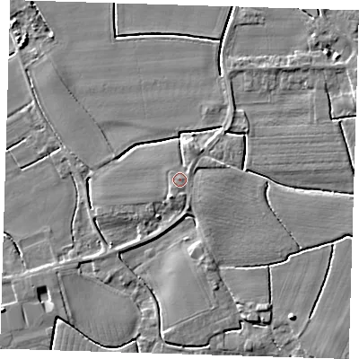 Shaded relief map of the ground around PE229AF, computed from Environment Agency LiDAR. The ground here sits at about 4 m above sea level and falls 5 m across the surrounding 800 m. Surface water reaching this point runs off ground lying to the south-south-east, 1.1 m higher.