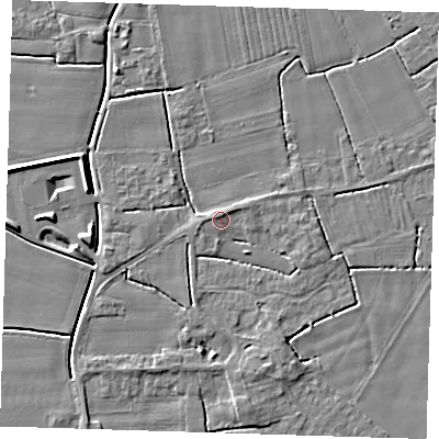 Shaded relief map of the ground around PE229AH, computed from Environment Agency LiDAR. The ground here sits at about 3 m above sea level and falls 5 m across the surrounding 800 m. Surface water reaching this point runs off ground lying to the south-south-east, 2.4 m higher.