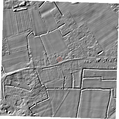 Shaded relief map of the ground around PE229AJ, computed from Environment Agency LiDAR. The ground here sits at about 2 m above sea level and falls 4 m across the surrounding 800 m. The ground contributing surface water to this point lies to the south-west.