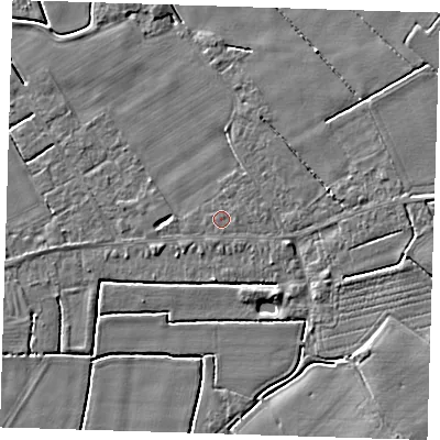 Shaded relief map of the ground around PE229AN, computed from Environment Agency LiDAR. The ground here sits at about 3 m above sea level and falls 5 m across the surrounding 800 m. The ground contributing surface water to this point lies to the west.