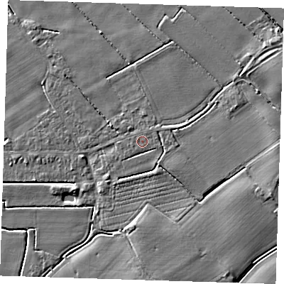 Shaded relief map of the ground around PE229AS, computed from Environment Agency LiDAR. The ground here sits at about 3 m above sea level and falls 4 m across the surrounding 800 m. The ground contributing surface water to this point lies to the east-north-east.