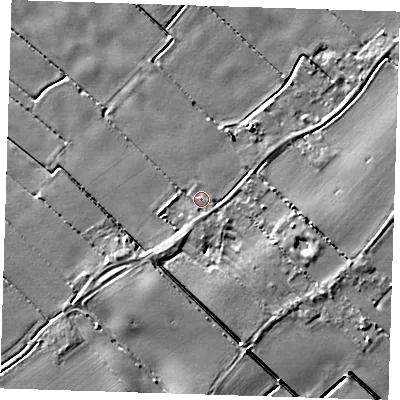 Shaded relief map of the ground around PE229AT, computed from Environment Agency LiDAR. The ground here sits at about 3 m above sea level and falls 5 m across the surrounding 800 m. Surface water reaching this point runs off ground lying to the south, 1.6 m higher.