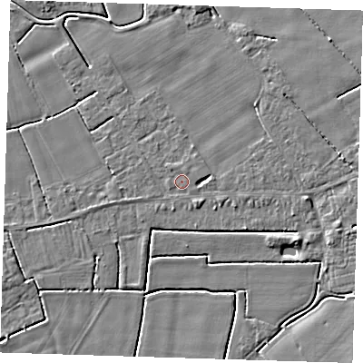 Shaded relief map of the ground around PE229AW, computed from Environment Agency LiDAR. The ground here sits at about 2 m above sea level and falls 4 m across the surrounding 800 m. Surface water reaching this point runs off ground lying to the east, 1.4 m higher.