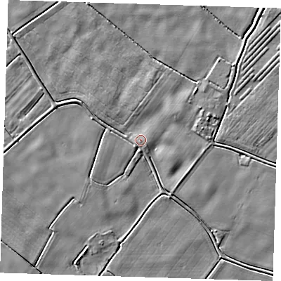 Shaded relief map of the ground around PE229BA, computed from Environment Agency LiDAR. The ground here sits at about 2 m above sea level and falls 3 m across the surrounding 800 m. Surface water reaching this point runs off ground lying to the east-south-east, 1.6 m higher.