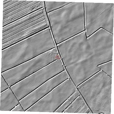 Shaded relief map of the ground around PE229BB, computed from Environment Agency LiDAR. The ground here sits at about 1 m above sea level and falls 3 m across the surrounding 800 m. Surface water reaching this point runs off ground lying to the east-south-east, 1.7 m higher.