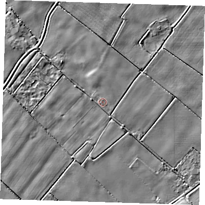 Shaded relief map of the ground around PE229BE, computed from Environment Agency LiDAR. The ground here sits at about 2 m above sea level and falls 4 m across the surrounding 800 m. Surface water reaching this point runs off ground lying to the south-south-west, 1.6 m higher.
