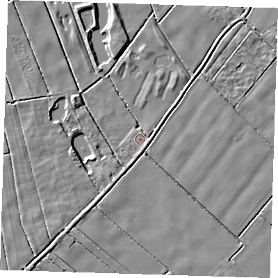 Shaded relief map of the ground around PE229BG, computed from Environment Agency LiDAR. The ground here sits at about 1 m above sea level and falls 5 m across the surrounding 800 m. Surface water reaching this point runs off ground lying to the south, 2.0 m higher.