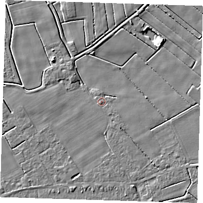 Shaded relief map of the ground around PE229BJ, computed from Environment Agency LiDAR. The ground here sits at about 2 m above sea level and falls 5 m across the surrounding 800 m. Surface water reaching this point runs off ground lying to the south-east, 1.7 m higher.