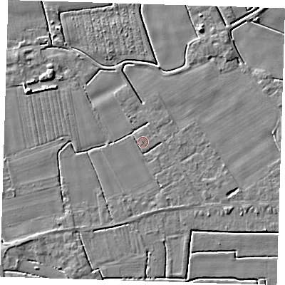 Shaded relief map of the ground around PE229BN, computed from Environment Agency LiDAR. The ground here sits at about 2 m above sea level and falls 5 m across the surrounding 800 m. Surface water reaching this point runs off ground lying to the south-east, 1.1 m higher.