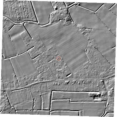 Shaded relief map of the ground around PE229BP, computed from Environment Agency LiDAR. The ground here sits at about 2 m above sea level and falls 4 m across the surrounding 800 m. Surface water reaching this point runs off ground lying to the south-south-east, 1.8 m higher.