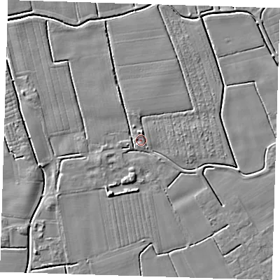 Shaded relief map of the ground around PE229BT, computed from Environment Agency LiDAR. The ground here sits at about 2 m above sea level and falls 5 m across the surrounding 800 m. Surface water reaching this point runs off ground lying to the north-north-east, 2.7 m higher.