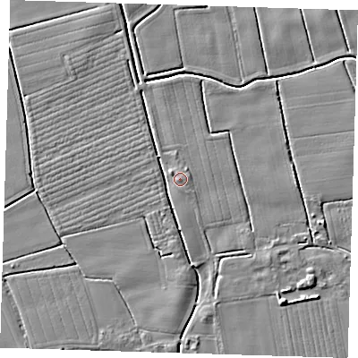 Shaded relief map of the ground around PE229BU, computed from Environment Agency LiDAR. The ground here sits at about 3 m above sea level and falls 5 m across the surrounding 800 m. Surface water reaching this point runs off ground lying to the north-west, 3.3 m higher.