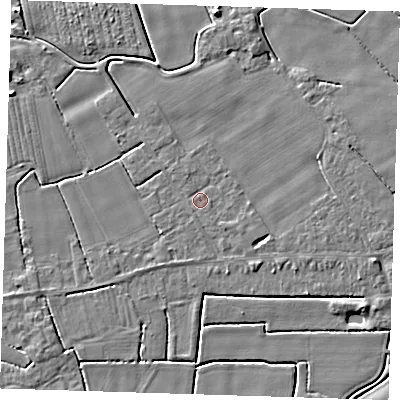 Shaded relief map of the ground around PE229BW, computed from Environment Agency LiDAR. The ground here sits at about 2 m above sea level and falls 4 m across the surrounding 800 m. Surface water reaching this point runs off ground lying to the south-east, 1.8 m higher.