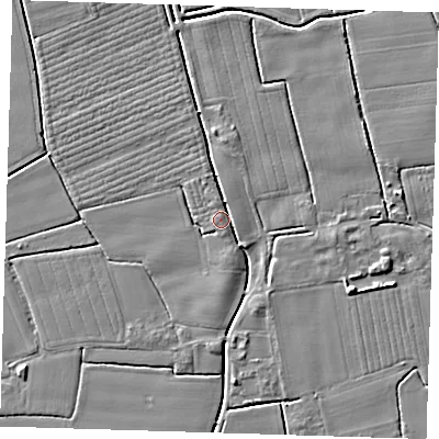 Shaded relief map of the ground around PE229BX, computed from Environment Agency LiDAR. The ground here sits at about 3 m above sea level and falls 5 m across the surrounding 800 m. Surface water reaching this point runs off ground lying to the north, 3.3 m higher.