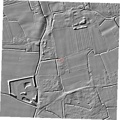 Shaded relief map of the ground around PE229BY, computed from Environment Agency LiDAR. The ground here sits at about 3 m above sea level and falls 5 m across the surrounding 800 m. Surface water reaching this point runs off ground lying to the north-west, 1.9 m higher.