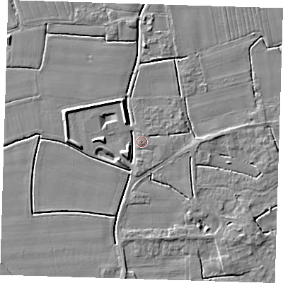 Shaded relief map of the ground around PE229BZ, computed from Environment Agency LiDAR. The ground here sits at about 3 m above sea level and falls 5 m across the surrounding 800 m. Surface water reaching this point runs off ground lying to the south-west, 4.0 m higher.
