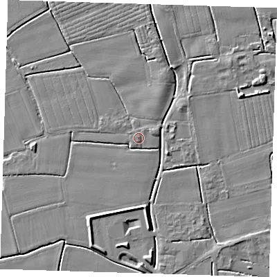 Shaded relief map of the ground around PE229DB, computed from Environment Agency LiDAR. The ground here sits at about 3 m above sea level and falls 5 m across the surrounding 800 m. Surface water reaching this point runs off ground lying to the south-south-west, 4.5 m higher.