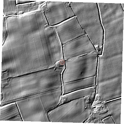 Shaded relief map of the ground around PE229DF, computed from Environment Agency LiDAR. The ground here sits at about 3 m above sea level and falls 5 m across the surrounding 800 m. The ground contributing surface water to this point lies to the south-south-west.