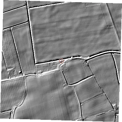 Shaded relief map of the ground around PE229DH, computed from Environment Agency LiDAR. The ground here sits at about 1 m above sea level and falls 5 m across the surrounding 800 m. Surface water reaching this point runs off ground lying to the east-south-east, 3.8 m higher.