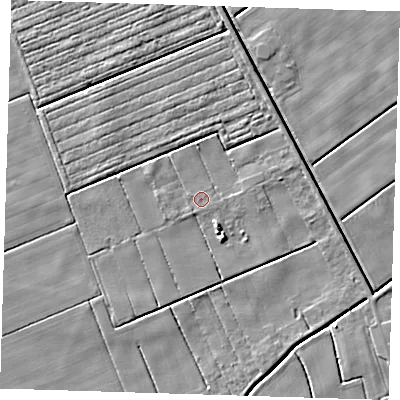 Shaded relief map of the ground around PE229DP, computed from Environment Agency LiDAR. The ground here sits at about 1 m above sea level and falls 5 m across the surrounding 800 m. The ground contributing surface water to this point lies to the south.