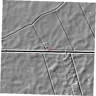 Shaded relief map of the ground around PE229DS, computed from Environment Agency LiDAR. The ground here sits at about 1 m above sea level and falls 4 m across the surrounding 800 m. Surface water reaching this point runs off ground lying to the south, 1.6 m higher.