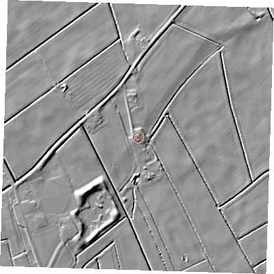Shaded relief map of the ground around PE229DU, computed from Environment Agency LiDAR. The ground here sits at about 2 m above sea level and falls 5 m across the surrounding 800 m. Surface water reaching this point runs off ground lying to the west, 0.9 m higher.