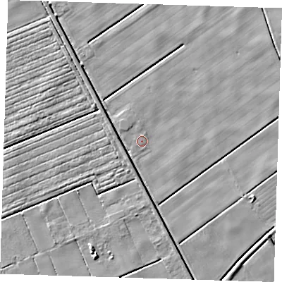 Shaded relief map of the ground around PE229DW, computed from Environment Agency LiDAR. The ground here sits at about 2 m above sea level and falls 5 m across the surrounding 800 m. Surface water reaching this point runs off ground lying to the north, 1.1 m higher.