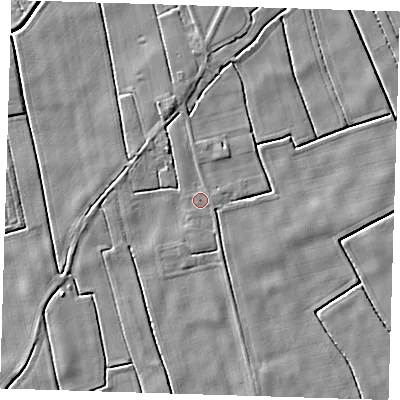 Shaded relief map of the ground around PE229DY, computed from Environment Agency LiDAR. The ground here sits at about 2 m above sea level and falls 4 m across the surrounding 800 m. The ground contributing surface water to this point lies to the south-south-west.