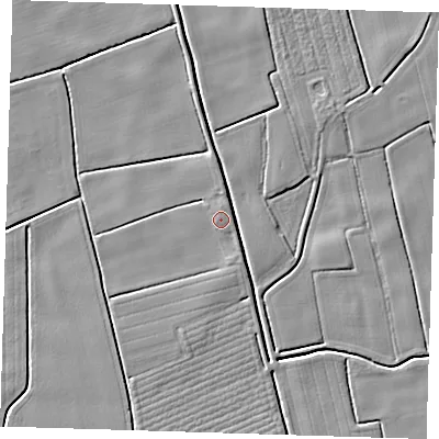 Shaded relief map of the ground around PE229EA, computed from Environment Agency LiDAR. The ground here sits at about 3 m above sea level and falls 3 m across the surrounding 800 m. The ground contributing surface water to this point lies to the north-east.