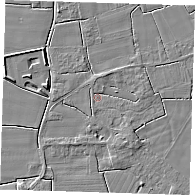 Shaded relief map of the ground around PE229EJ, computed from Environment Agency LiDAR. The ground here sits at about 3 m above sea level and falls 5 m across the surrounding 800 m. Surface water reaching this point runs off ground lying to the south-south-east, 2.4 m higher.