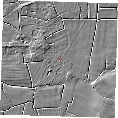 Shaded relief map of the ground around PE229EP, computed from Environment Agency LiDAR. The ground here sits at about 3 m above sea level and falls 4 m across the surrounding 800 m. The ground contributing surface water to this point lies to the south-east.