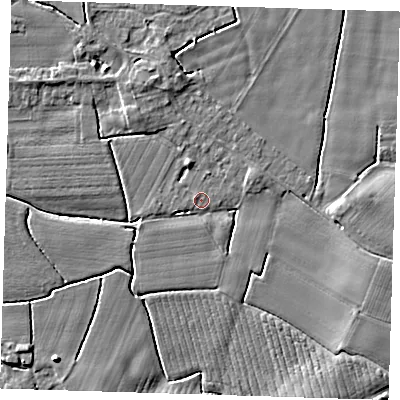 Shaded relief map of the ground around PE229ES, computed from Environment Agency LiDAR. The ground here sits at about 3 m above sea level and falls 5 m across the surrounding 800 m. Surface water reaching this point runs off ground lying to the south-east, 3.2 m higher.