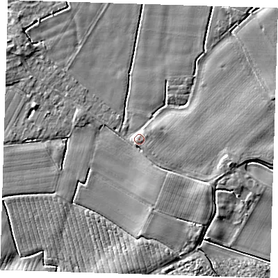 Shaded relief map of the ground around PE229EX, computed from Environment Agency LiDAR. The ground here sits at about 4 m above sea level and falls 5 m across the surrounding 800 m. Surface water reaching this point runs off ground lying to the south-east, 1.5 m higher.