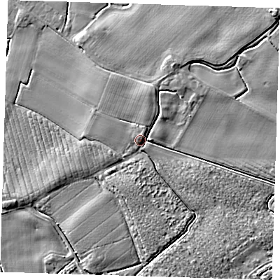 Shaded relief map of the ground around PE229EY, computed from Environment Agency LiDAR. The ground here sits at about 5 m above sea level and falls 5 m across the surrounding 800 m. Surface water reaching this point runs off ground lying to the north-north-east, 2.6 m higher.