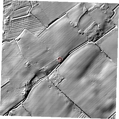 Shaded relief map of the ground around PE229HD, computed from Environment Agency LiDAR. The ground here sits at about 4 m above sea level and falls 4 m across the surrounding 800 m. Surface water reaching this point runs off ground lying to the south-west, 3.2 m higher.