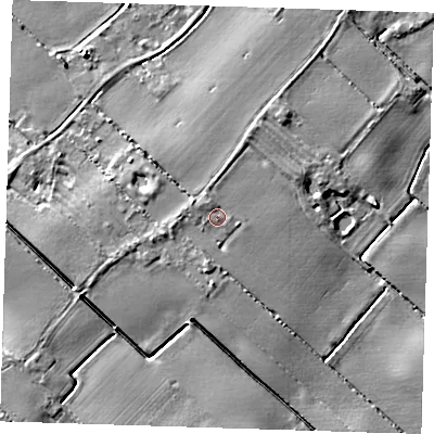 Shaded relief map of the ground around PE229HG, computed from Environment Agency LiDAR. The ground here sits at about 5 m above sea level and falls 4 m across the surrounding 800 m. Surface water reaching this point runs off ground lying to the west-south-west, 1.0 m higher.