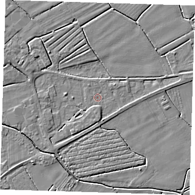 Shaded relief map of the ground around PE229HS, computed from Environment Agency LiDAR. The ground here sits at about 2 m above sea level and falls 3 m across the surrounding 800 m. Surface water reaching this point runs off ground lying to the south-south-east, 2.1 m higher.
