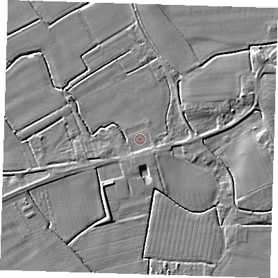 Shaded relief map of the ground around PE229HT, computed from Environment Agency LiDAR. The ground here sits at about 3 m above sea level and falls 5 m across the surrounding 800 m. Surface water reaching this point runs off ground lying to the south-south-east, 1.1 m higher.