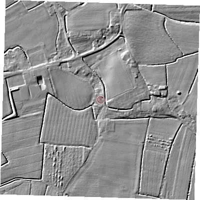 Shaded relief map of the ground around PE229JA, computed from Environment Agency LiDAR. The ground here sits at about 3 m above sea level and falls 5 m across the surrounding 800 m. Surface water reaching this point runs off ground lying to the north-east, 3.2 m higher.