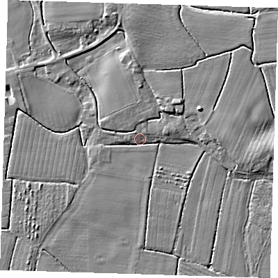 Shaded relief map of the ground around PE229JE, computed from Environment Agency LiDAR. The ground here sits at about 3 m above sea level and falls 5 m across the surrounding 800 m. Surface water reaching this point runs off ground lying to the north, 2.1 m higher.