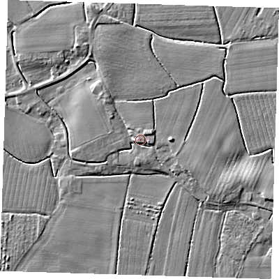 Shaded relief map of the ground around PE229JF, computed from Environment Agency LiDAR. The ground here sits at about 5 m above sea level and falls 5 m across the surrounding 800 m. Surface water reaching this point runs off ground lying to the north-north-west, 1.9 m higher.