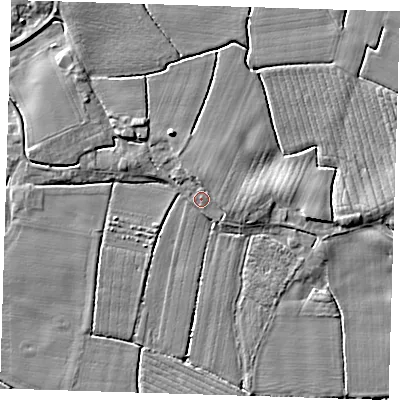 Shaded relief map of the ground around PE229JG, computed from Environment Agency LiDAR. The ground here sits at about 3 m above sea level and falls 5 m across the surrounding 800 m. Surface water reaching this point runs off ground lying to the north, 1.2 m higher.