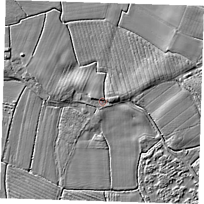 Shaded relief map of the ground around PE229JH, computed from Environment Agency LiDAR. The ground here sits at about 3 m above sea level and falls 5 m across the surrounding 800 m. Surface water reaching this point runs off ground lying to the east-north-east, 1.6 m higher.