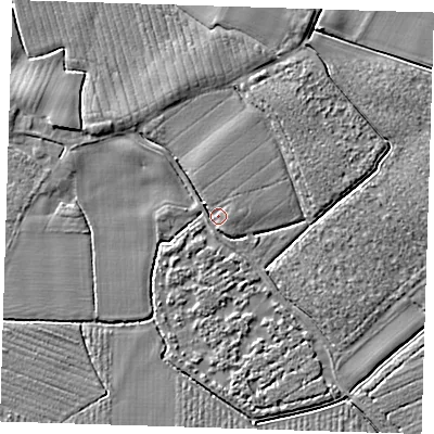 Shaded relief map of the ground around PE229JJ, computed from Environment Agency LiDAR. The ground here sits at about 4 m above sea level and falls 4 m across the surrounding 800 m. Surface water reaching this point runs off ground lying to the east, 2.6 m higher.