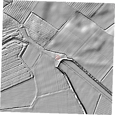 Shaded relief map of the ground around PE229JL, computed from Environment Agency LiDAR. The ground here sits at about 4 m above sea level and falls 5 m across the surrounding 800 m. Surface water reaching this point runs off ground lying to the south-east, 0.6 m higher.
